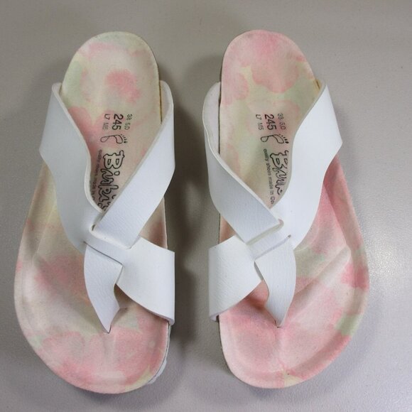 Birkenstock womens white pink Floral Birkis Hawaiian loop toe sandals 7 M - Picture 1 of 7